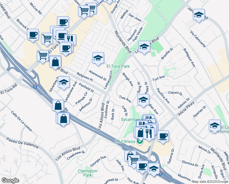 map of restaurants, bars, coffee shops, grocery stores, and more near 24932 Tree Avenue in Mission Viejo