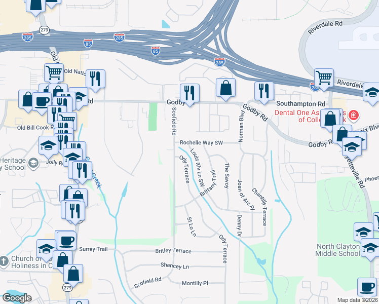 map of restaurants, bars, coffee shops, grocery stores, and more near 5225 Louis Xiv Lane Southwest in College Park