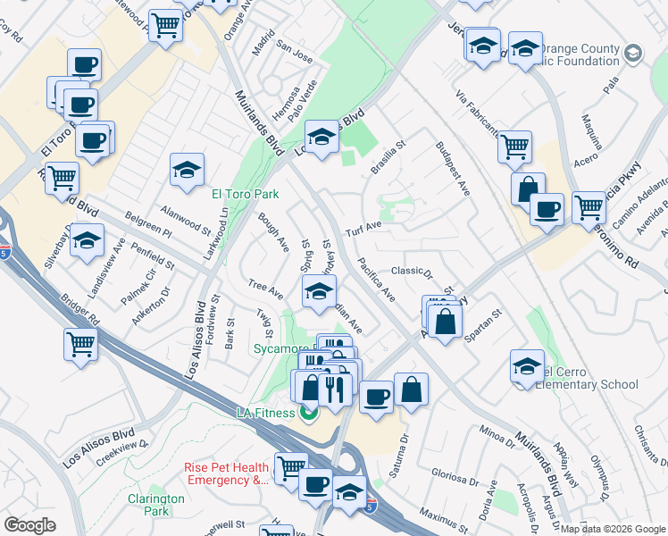 map of restaurants, bars, coffee shops, grocery stores, and more near 25242 Parthenon Avenue in Mission Viejo