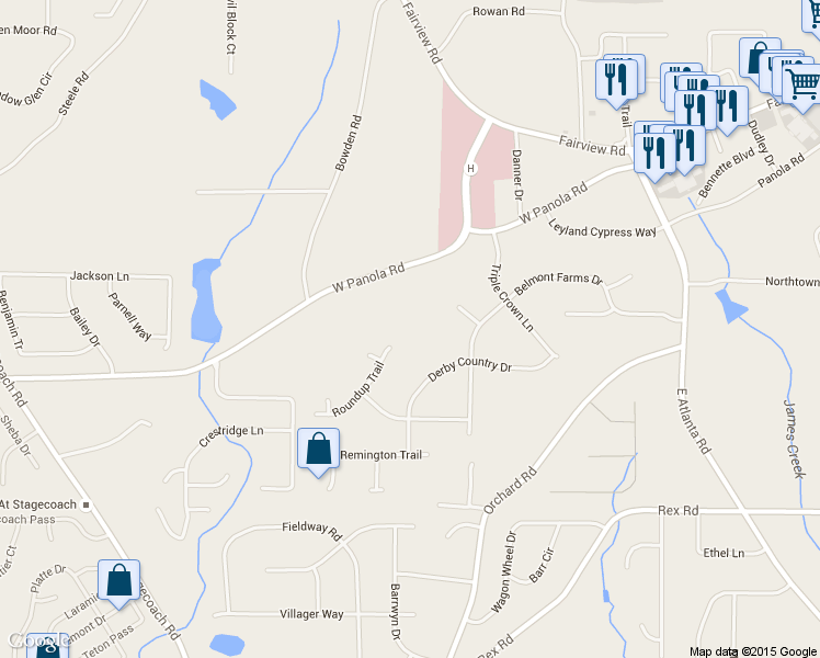 map of restaurants, bars, coffee shops, grocery stores, and more near 400 Roundup Trail in Ellenwood