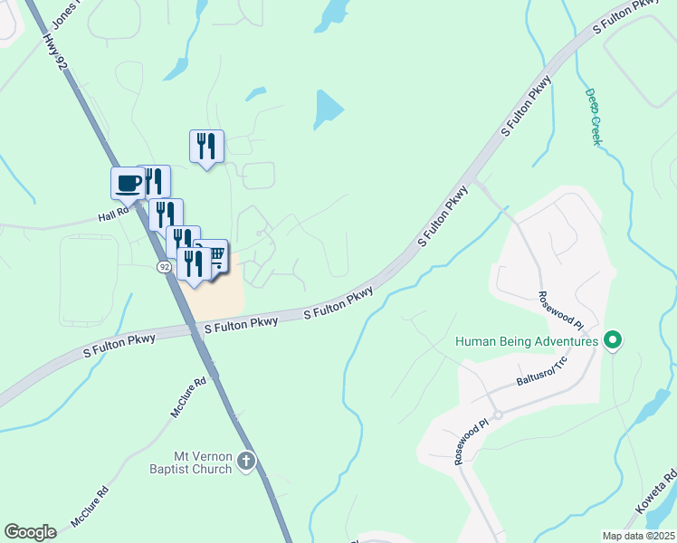 map of restaurants, bars, coffee shops, grocery stores, and more near 401 Village Lane in Fairburn