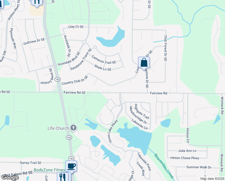 map of restaurants, bars, coffee shops, grocery stores, and more near 2410 Country Club Drive in Conyers