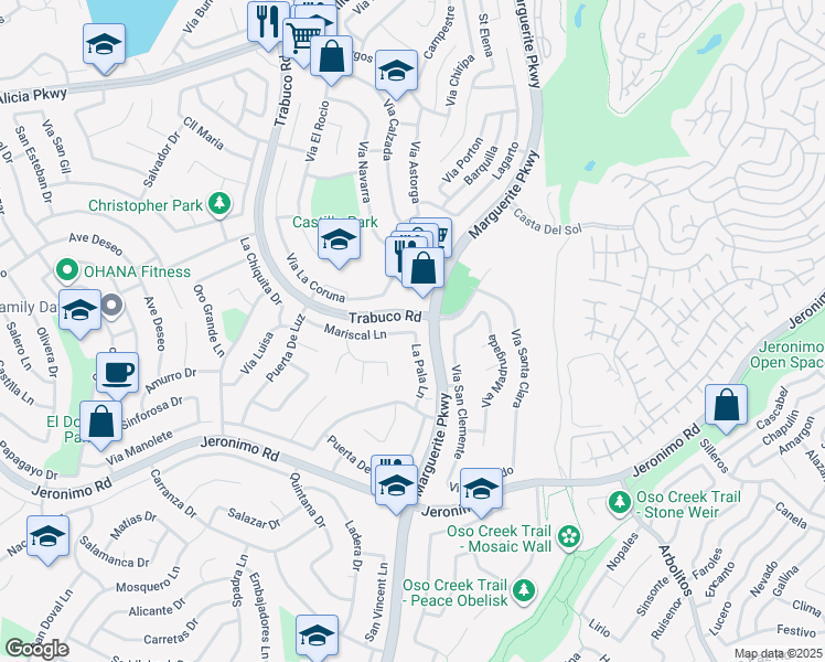 map of restaurants, bars, coffee shops, grocery stores, and more near Mariscal Ln & La Pala Ln in Mission Viejo