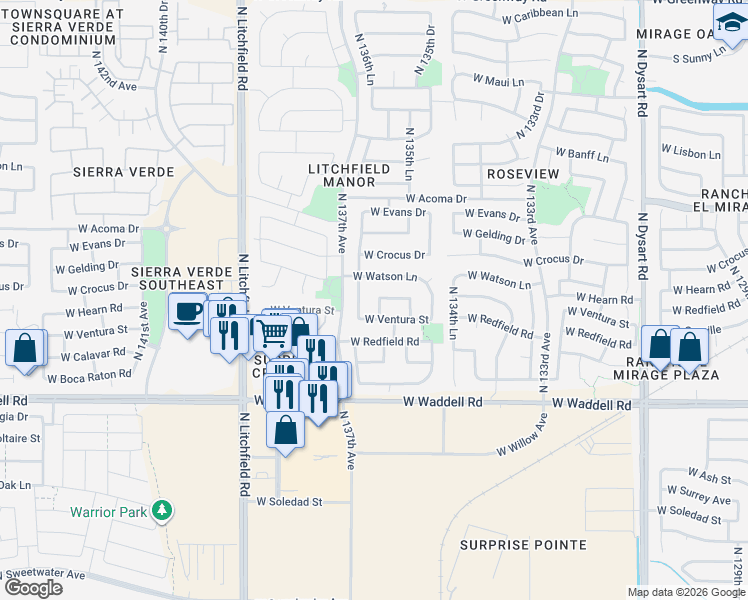 map of restaurants, bars, coffee shops, grocery stores, and more near 14190 North 136th Drive in Surprise