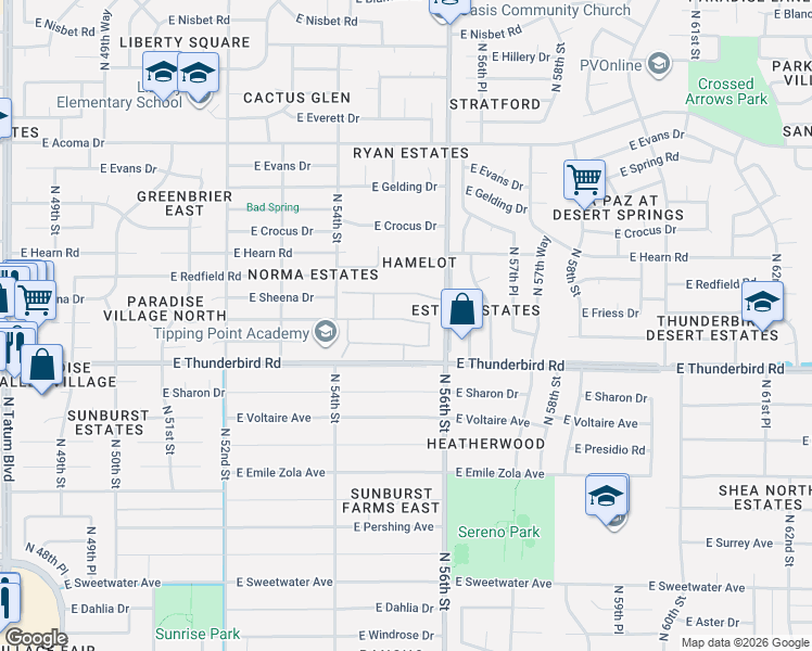 map of restaurants, bars, coffee shops, grocery stores, and more near 5551 East Sheena Drive in Scottsdale