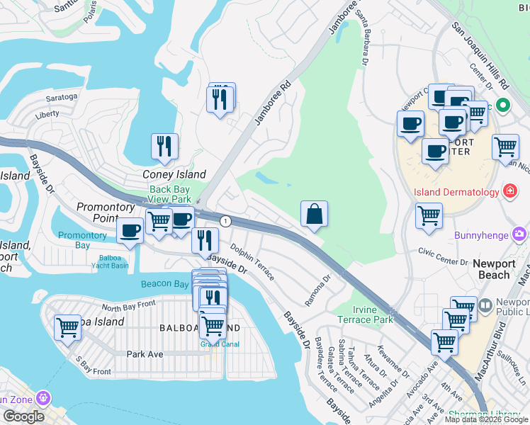 map of restaurants, bars, coffee shops, grocery stores, and more near 302 Villa Point Drive in Newport Beach