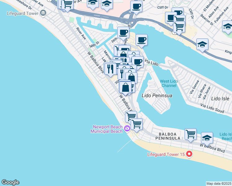 map of restaurants, bars, coffee shops, grocery stores, and more near 126 30th Street in Newport Beach