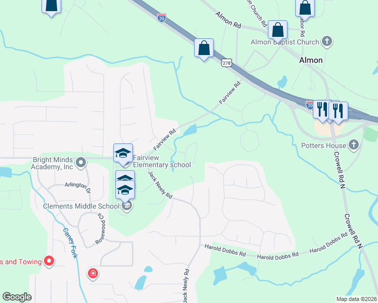 map of restaurants, bars, coffee shops, grocery stores, and more near 3539 Fairview Road in Covington
