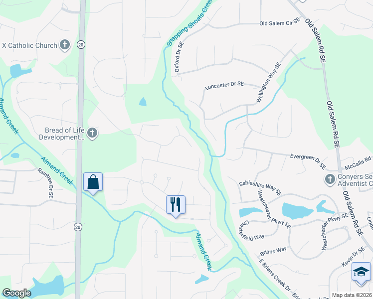 map of restaurants, bars, coffee shops, grocery stores, and more near 1341 Kay Terrace Southeast in Conyers