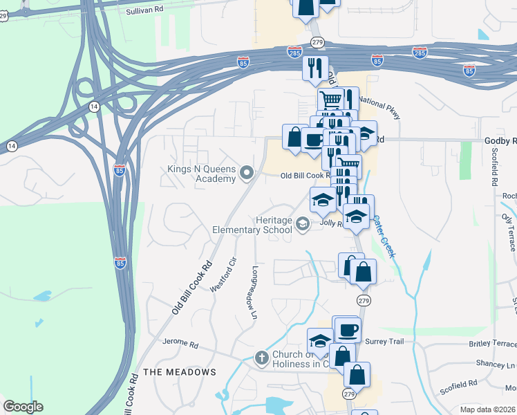 map of restaurants, bars, coffee shops, grocery stores, and more near 5220 Old Bill Cook Road in Atlanta