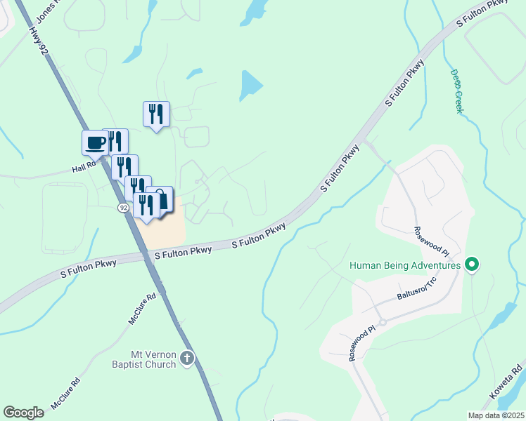 map of restaurants, bars, coffee shops, grocery stores, and more near 398 Village Lane in Fairburn