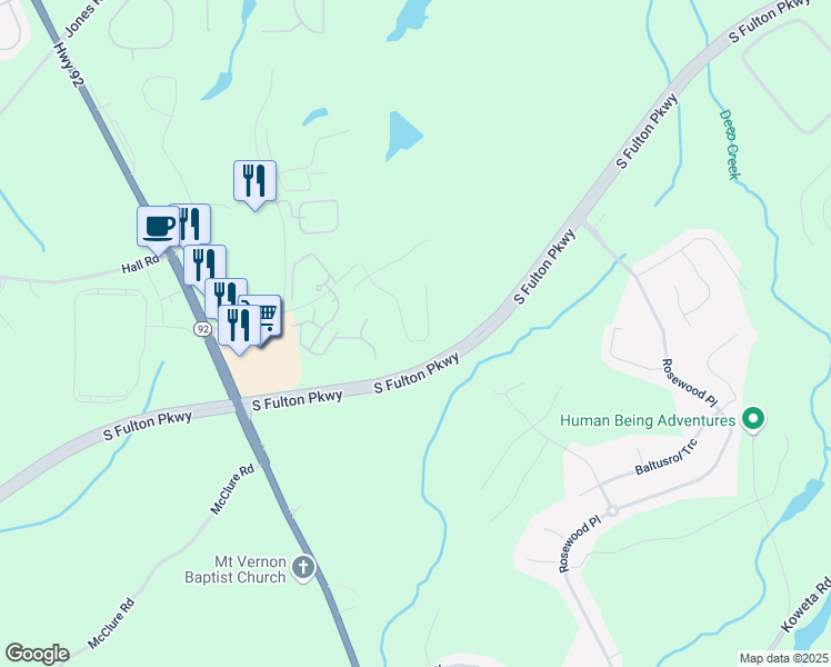 map of restaurants, bars, coffee shops, grocery stores, and more near 401 Village Lane in Fairburn