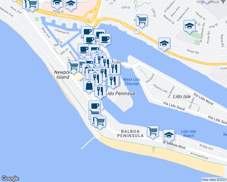 map of restaurants, bars, coffee shops, grocery stores, and more near 251 Shipyard Way in Newport Beach