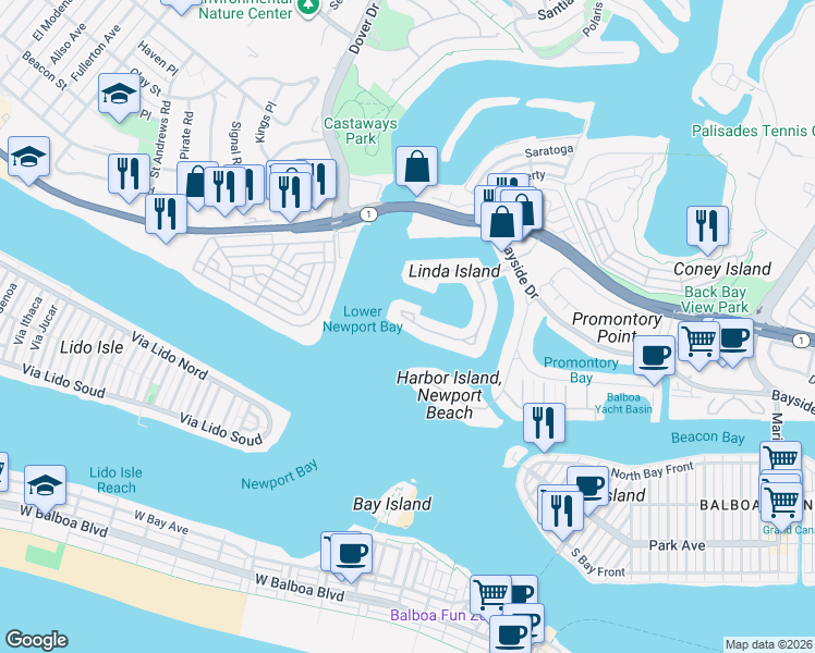 map of restaurants, bars, coffee shops, grocery stores, and more near 38 Linda Isle in Newport Beach