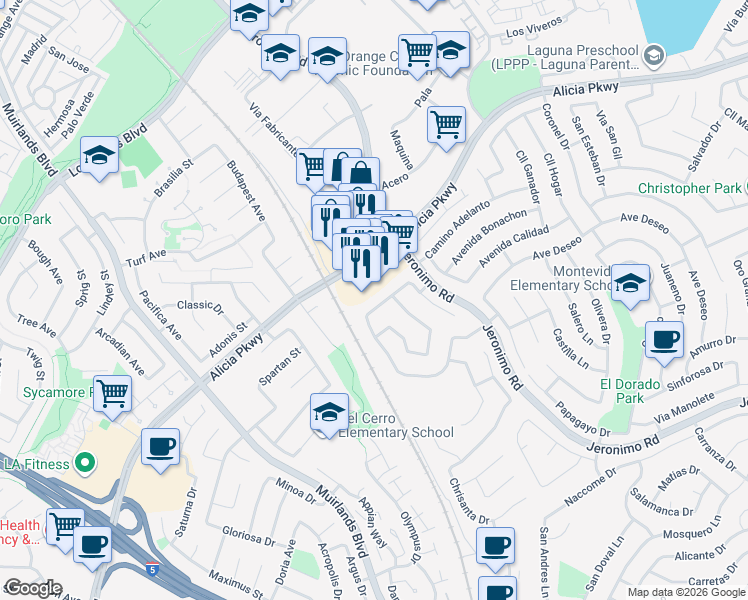 map of restaurants, bars, coffee shops, grocery stores, and more near 24101 Ramada Lane in Mission Viejo