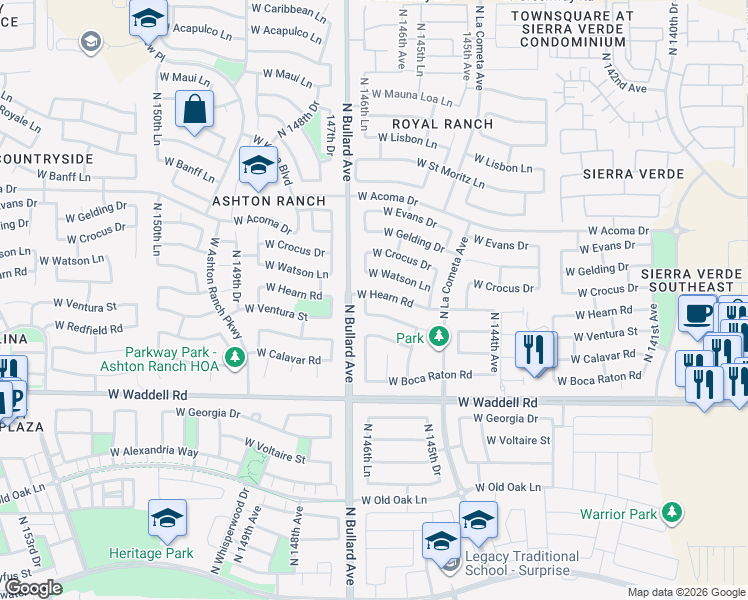 map of restaurants, bars, coffee shops, grocery stores, and more near 14643 West Watson Lane in Surprise