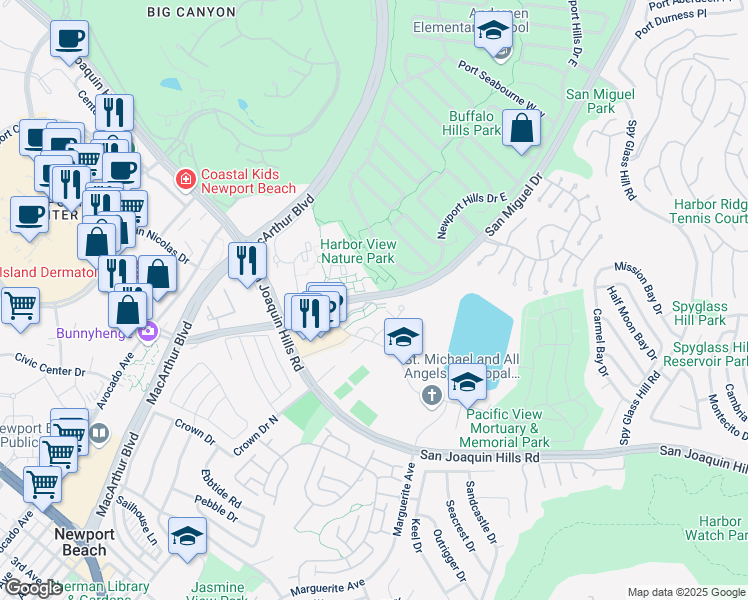 map of restaurants, bars, coffee shops, grocery stores, and more near 408 Harbor Woods Place in Newport Beach