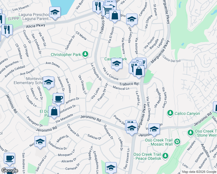 map of restaurants, bars, coffee shops, grocery stores, and more near 24058 La Chiquita Drive in Mission Viejo