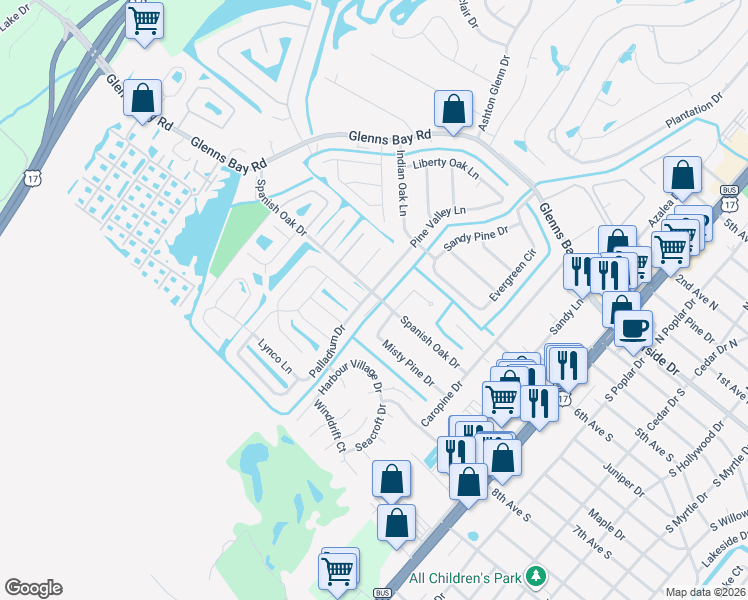 map of restaurants, bars, coffee shops, grocery stores, and more near 158 Spanish Oak Drive in Myrtle Beach