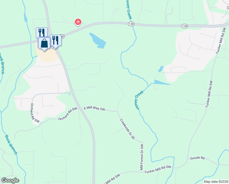 map of restaurants, bars, coffee shops, grocery stores, and more near 3291 Creekside Drive Southeast in Conyers