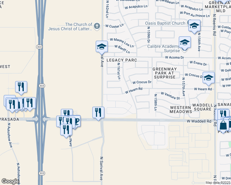 map of restaurants, bars, coffee shops, grocery stores, and more near 16188 West Hearn Road in Surprise