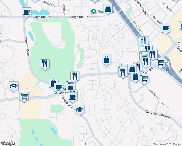 map of restaurants, bars, coffee shops, grocery stores, and more near 2009 Via Mariposa West in Laguna Woods