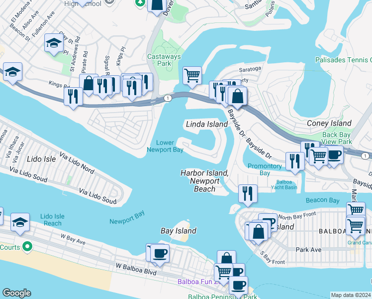 map of restaurants, bars, coffee shops, grocery stores, and more near 38 Linda Isle in Newport Beach
