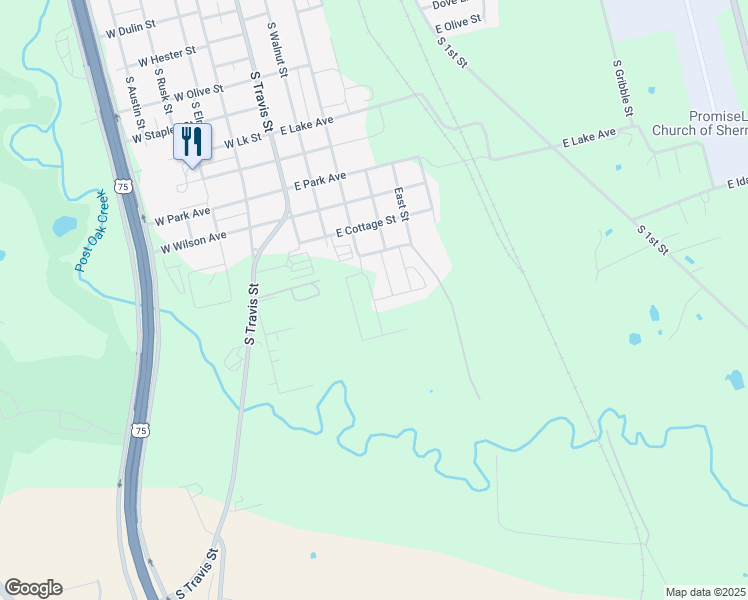 map of restaurants, bars, coffee shops, grocery stores, and more near Montgomery Street in Sherman