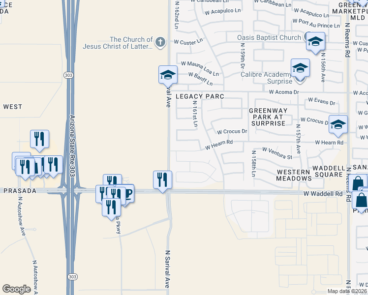 map of restaurants, bars, coffee shops, grocery stores, and more near 16216 West Hearn Road in Surprise