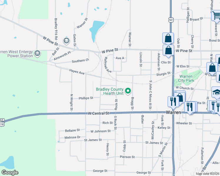 map of restaurants, bars, coffee shops, grocery stores, and more near 1106 West Church Street in Warren