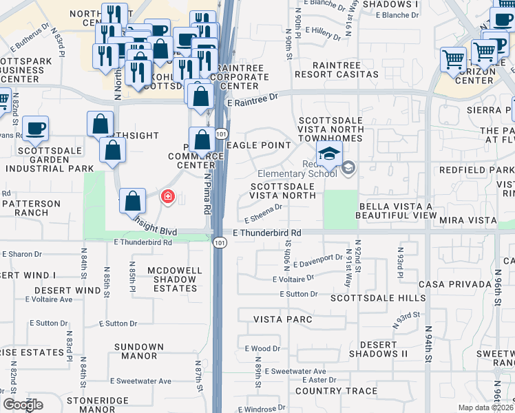 map of restaurants, bars, coffee shops, grocery stores, and more near 8849 East Gray Road in Scottsdale