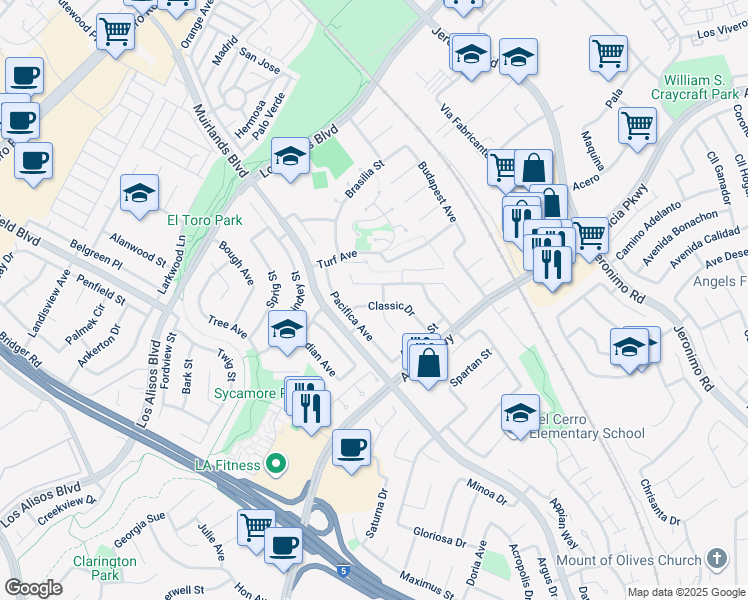 map of restaurants, bars, coffee shops, grocery stores, and more near 25391 Classic Drive in Mission Viejo