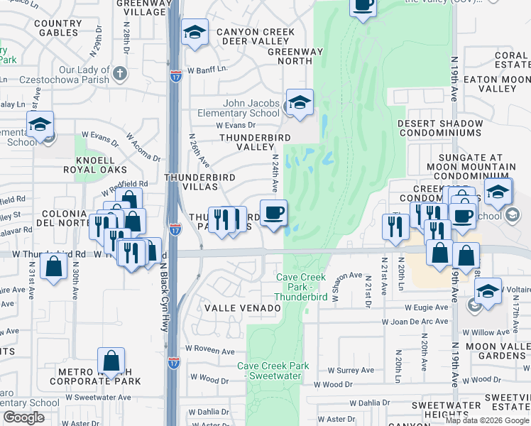 map of restaurants, bars, coffee shops, grocery stores, and more near 2425 West Redfield Road in Phoenix