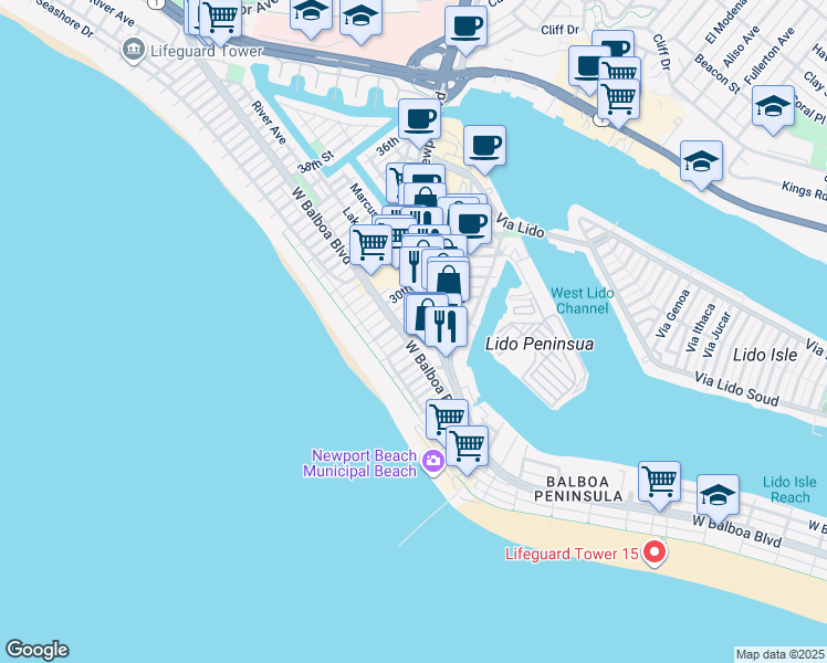 map of restaurants, bars, coffee shops, grocery stores, and more near 2819 Newport Boulevard in Newport Beach