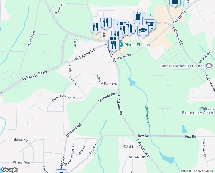 map of restaurants, bars, coffee shops, grocery stores, and more near 35 Belmont Farms Drive in Ellenwood