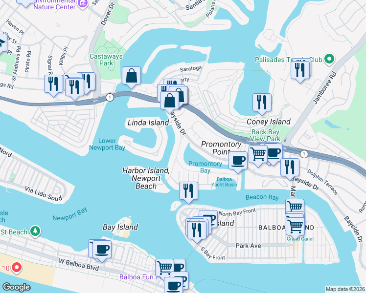 map of restaurants, bars, coffee shops, grocery stores, and more near 500 Harbor Island Drive in Newport Beach