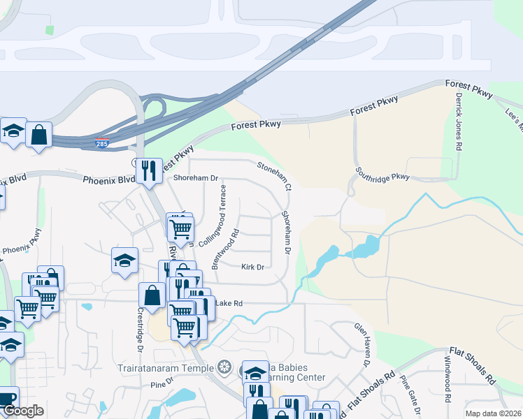 map of restaurants, bars, coffee shops, grocery stores, and more near 1258 Shoreham Drive in Atlanta