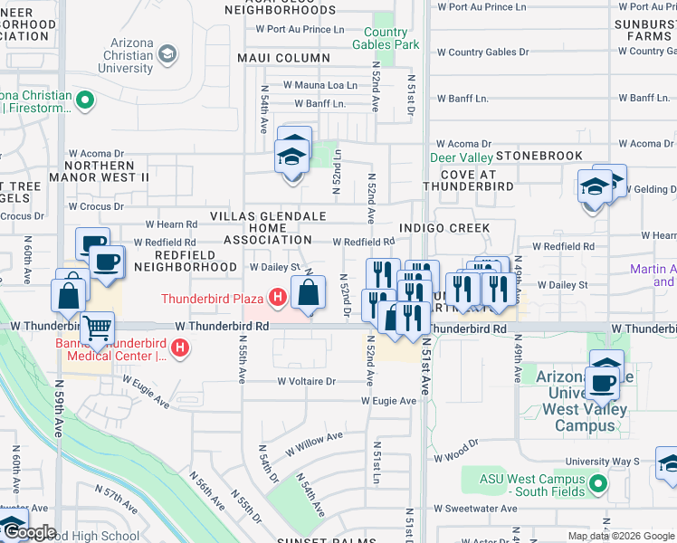map of restaurants, bars, coffee shops, grocery stores, and more near 13864 North 52nd Drive in Glendale