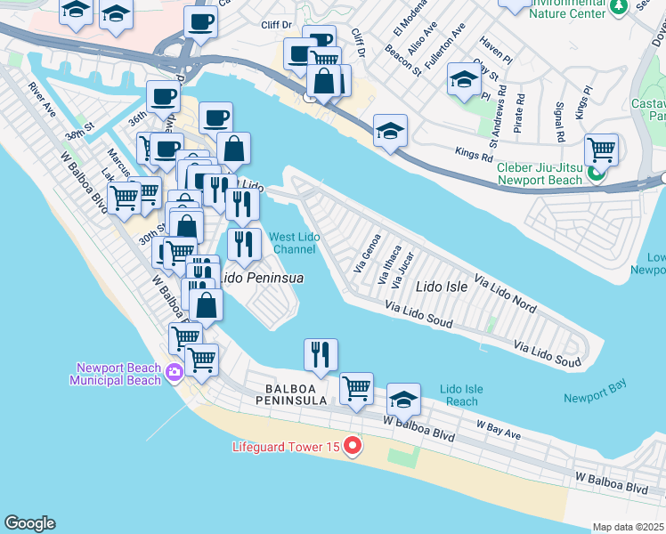 map of restaurants, bars, coffee shops, grocery stores, and more near 339 Via Lido Soud in Newport Beach