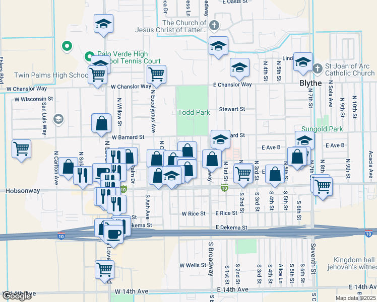 map of restaurants, bars, coffee shops, grocery stores, and more near 271 North Spring Street in Blythe