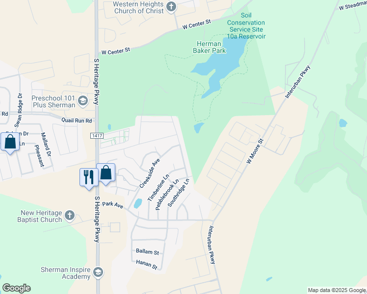 map of restaurants, bars, coffee shops, grocery stores, and more near 1505 Southridge Lane in Sherman