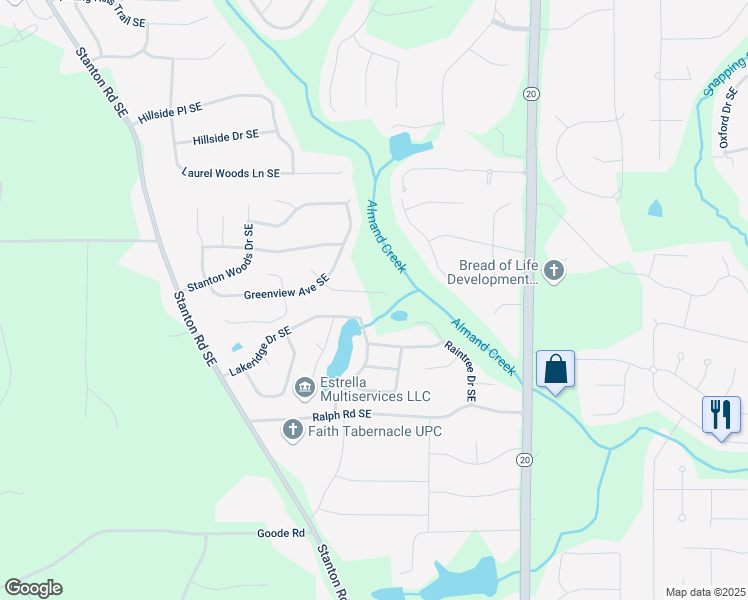 map of restaurants, bars, coffee shops, grocery stores, and more near 737 Deering Road Southeast in Conyers