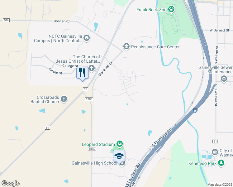 map of restaurants, bars, coffee shops, grocery stores, and more near 1421 Bluebonnet Boulevard in Gainesville