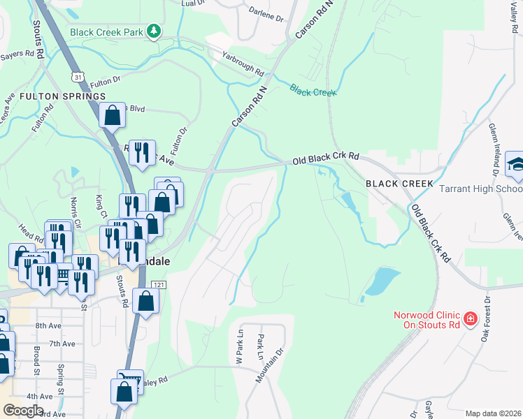 map of restaurants, bars, coffee shops, grocery stores, and more near 3709 Grand Central Avenue in Fultondale