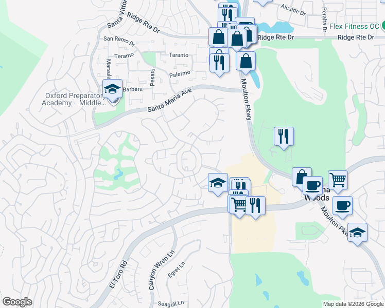 map of restaurants, bars, coffee shops, grocery stores, and more near 3054 Via Serena South in Laguna Woods