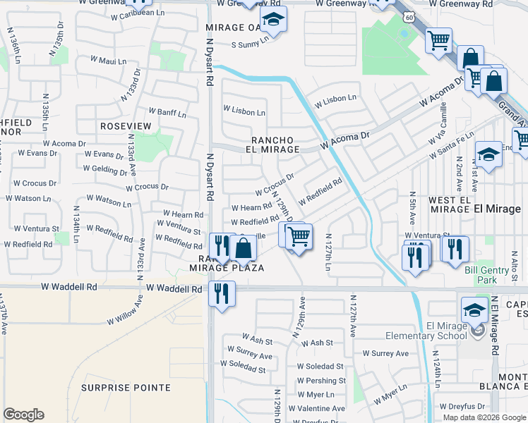 map of restaurants, bars, coffee shops, grocery stores, and more near 12929 West Crocus Drive in El Mirage