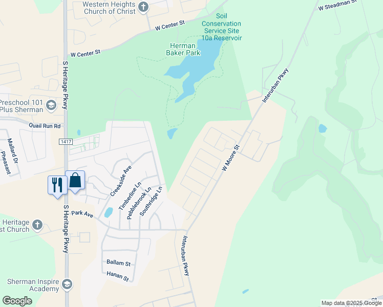 map of restaurants, bars, coffee shops, grocery stores, and more near 1505 Southridge Lane in Sherman
