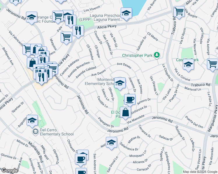map of restaurants, bars, coffee shops, grocery stores, and more near 24302 Olivera Drive in Mission Viejo