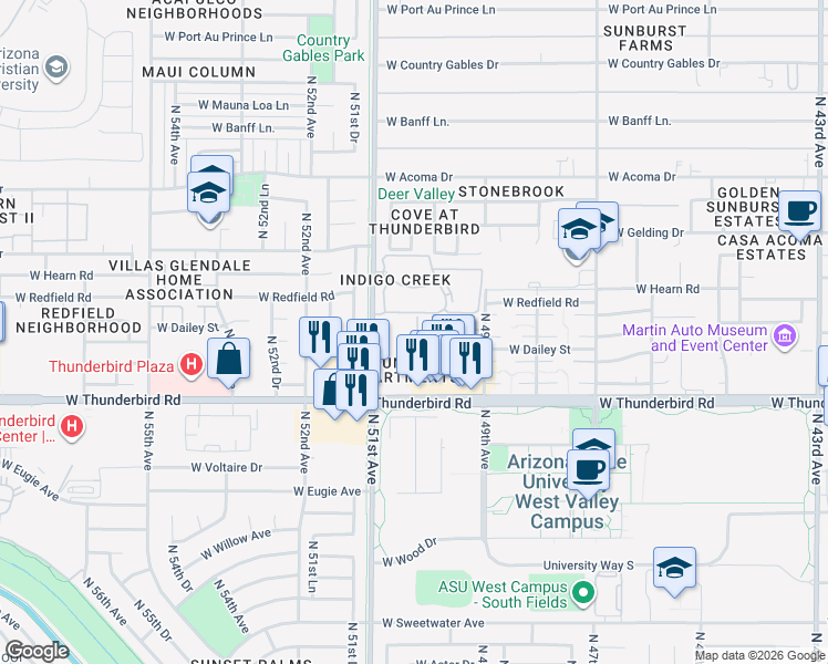 map of restaurants, bars, coffee shops, grocery stores, and more near Unnamed Road in Glendale