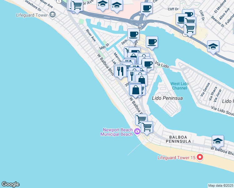 map of restaurants, bars, coffee shops, grocery stores, and more near 2912 West Oceanfront in Newport Beach